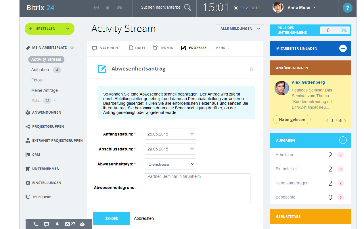 LINXYS Social Intranet HR Automatisierte Workflows Bitrix24